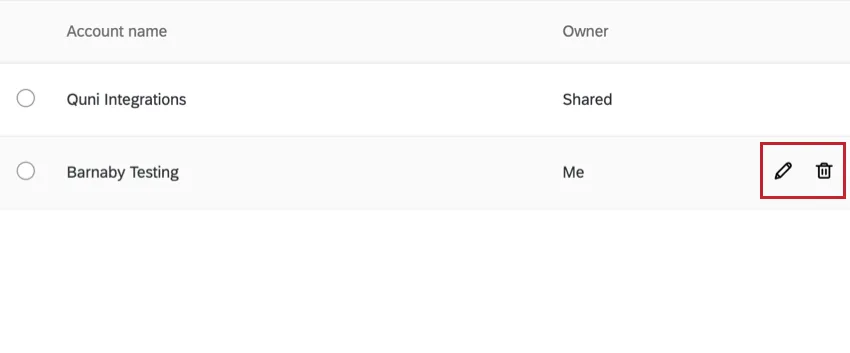 the pencil and trash can icons for editing or removing an account