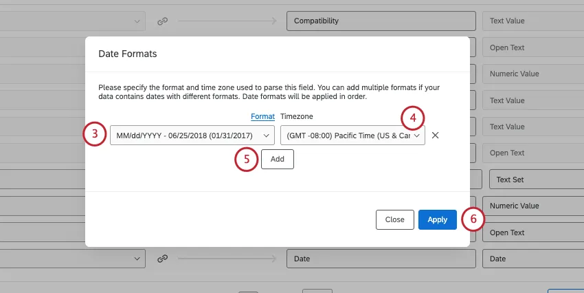 new window for selecting a format and timezone