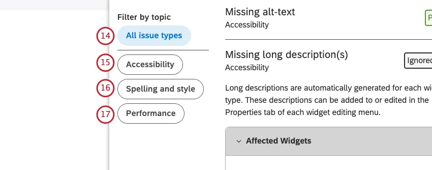 window says fitler by topic: all issue types, accessibility, spelling and style, performance