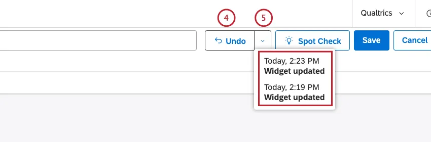 arrow next to undo button expanded, showing revisions to choose from