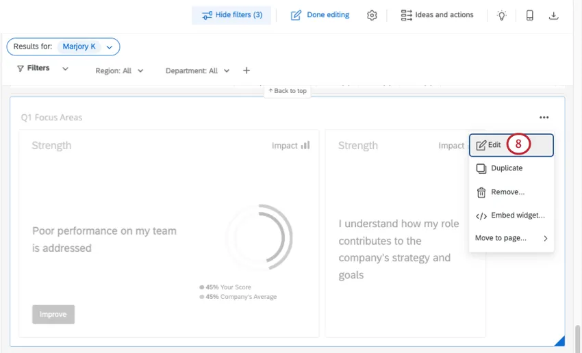dashboard in editing mode. clicking 3 dots in upper right of a focus areas widget, then selecting edit