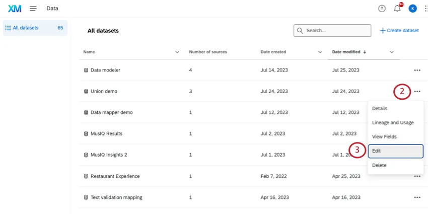 page displays a list of datasets with 3 dots to the far right of each, which opens a menu once clicked