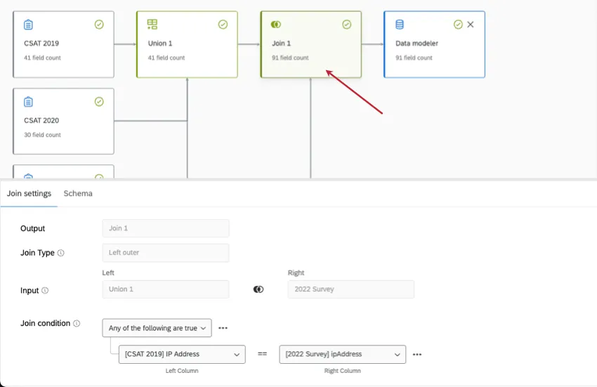 cliquer sur une jointure, ce qui ouvre un menu en bas du modèle de données