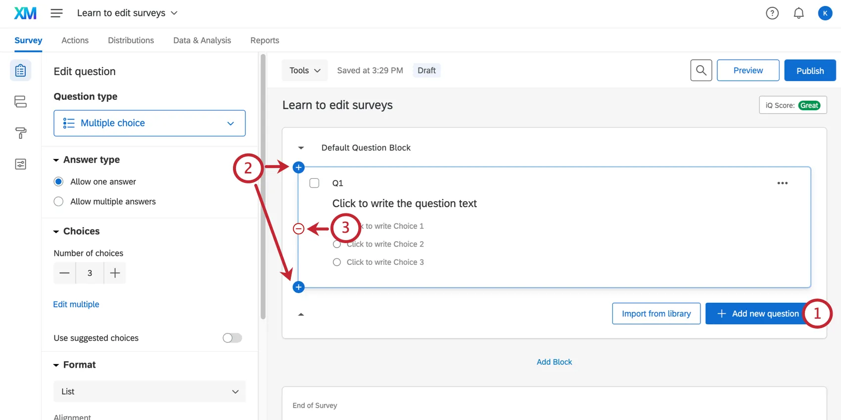 Blue button lower-right of a block. Hovering over question, left, plus sign, then a minus sig, then a plus sign, to add questions above or below, or delete the question itself