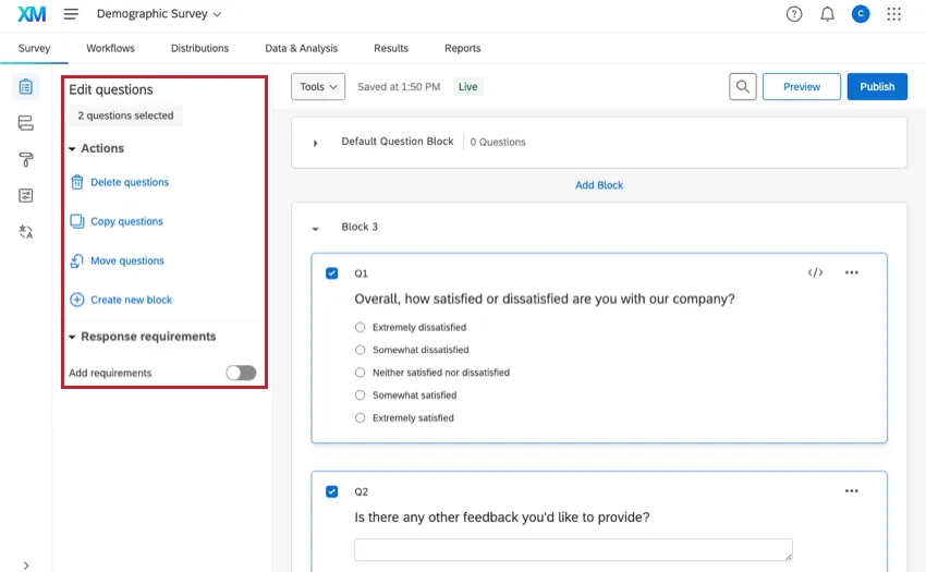 Wie bei der Auswahl einer einzelnen Frage wird links ein Menü mit Optionen geöffnet, mit denen Sie alle ausgewählten Fragen gleichzeitig bearbeiten können.