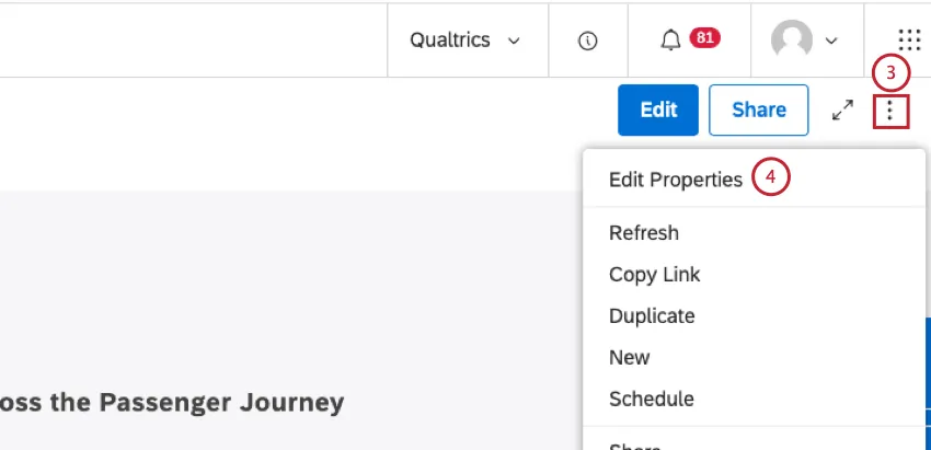 Expand the options menu in the dashboard header. Select Edit Properties.