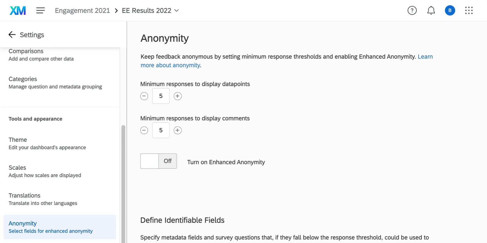 Seção de anonimato das configurações dashboard