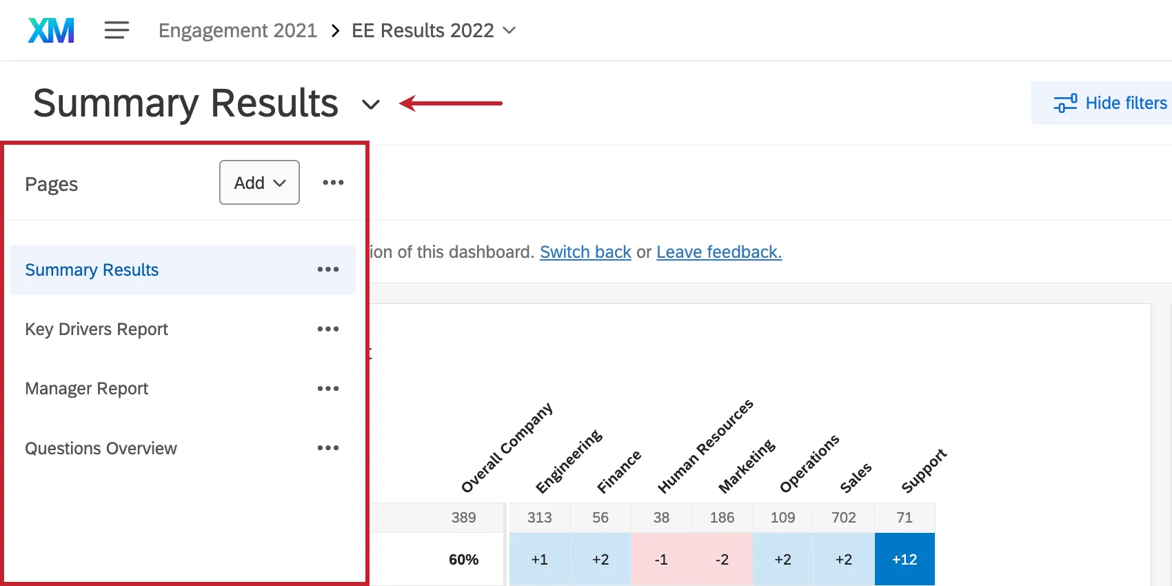 Le pagine sono elencate nel menu a sinistra della dashboard