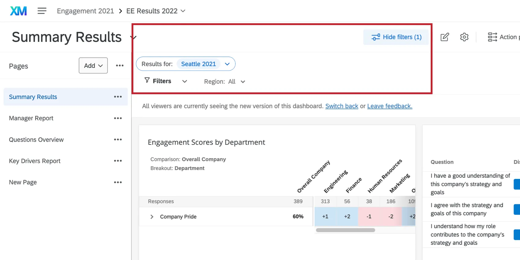 Upper left, there are filter dropdowns, including org hierarchy filters. To the right of that, higher above, is the option to hide or show filters