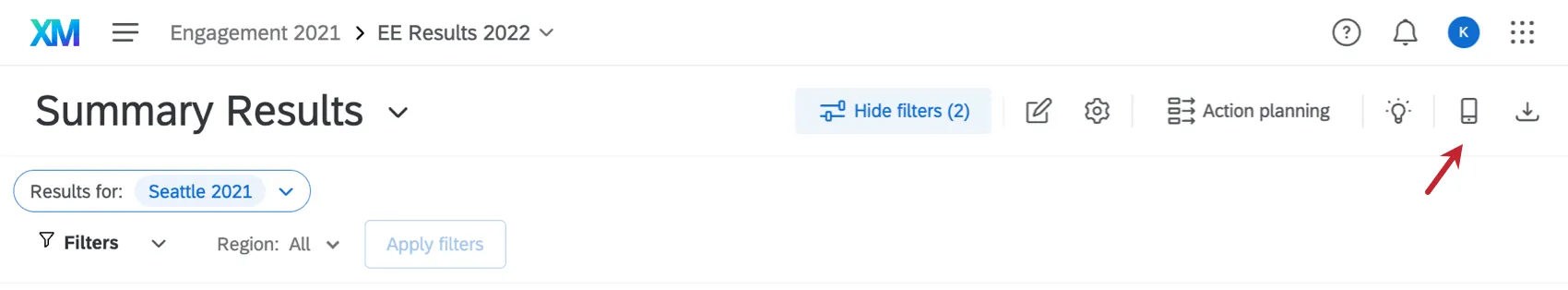El botón de vista previa móvil en un tablero ex