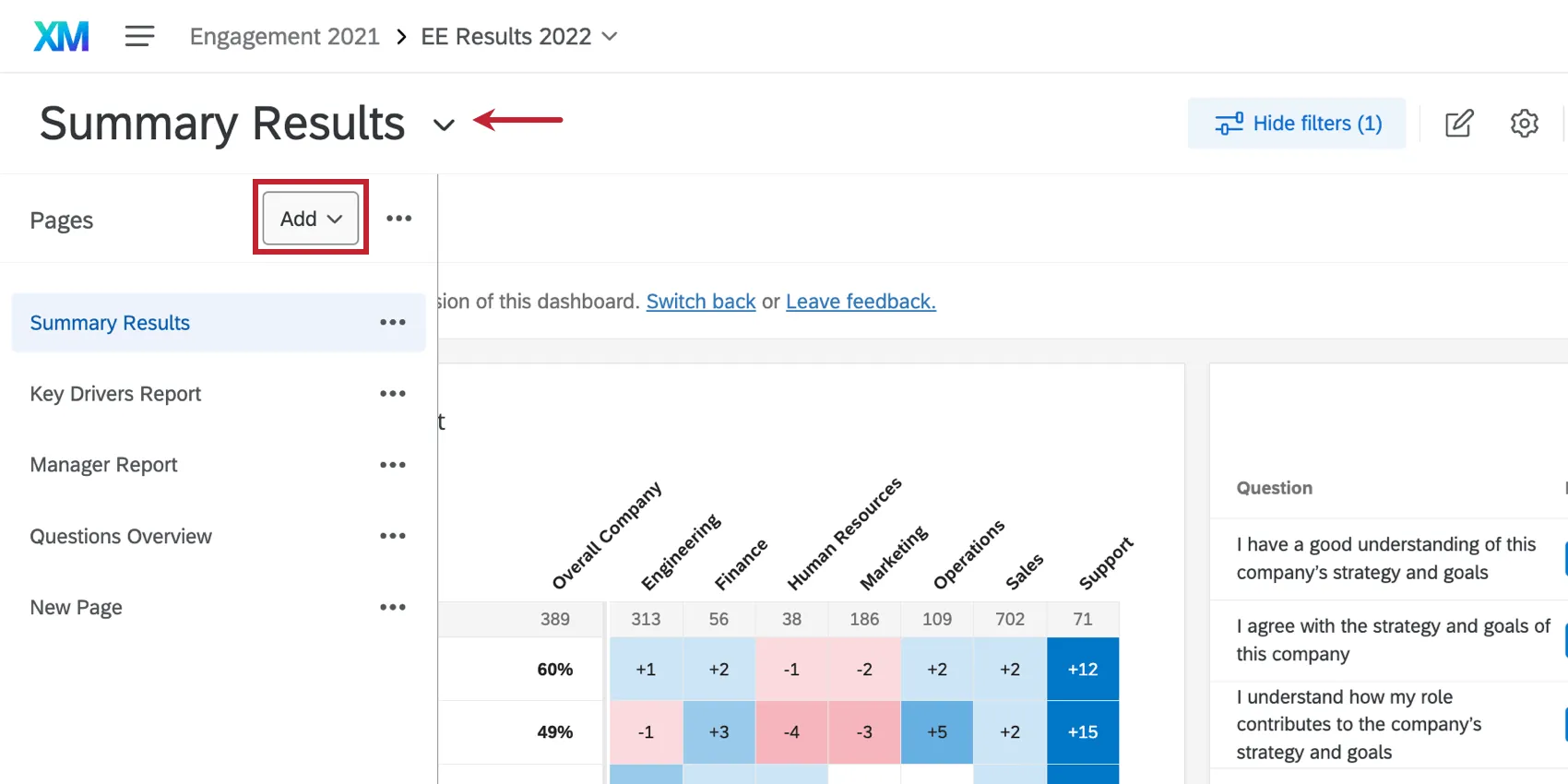 Imagem de quando se clica no botão Add Page (Adicionar página) no lado esquerdo do dashboard