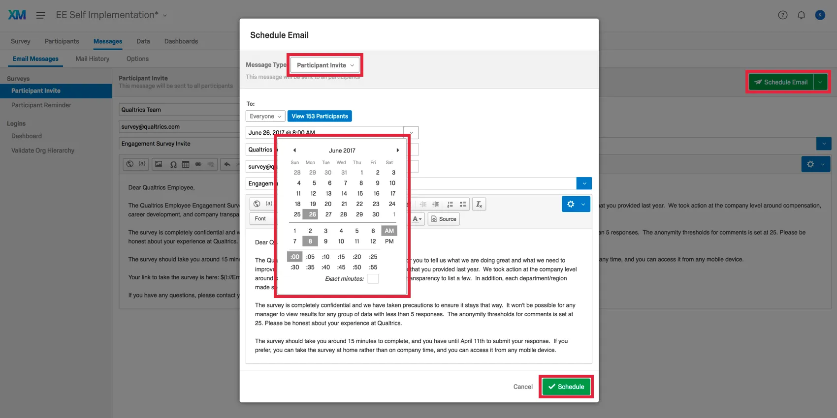 Schedule Email window with time menu expanded