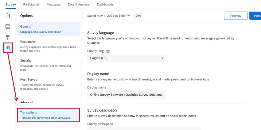 the translations section of the survey options