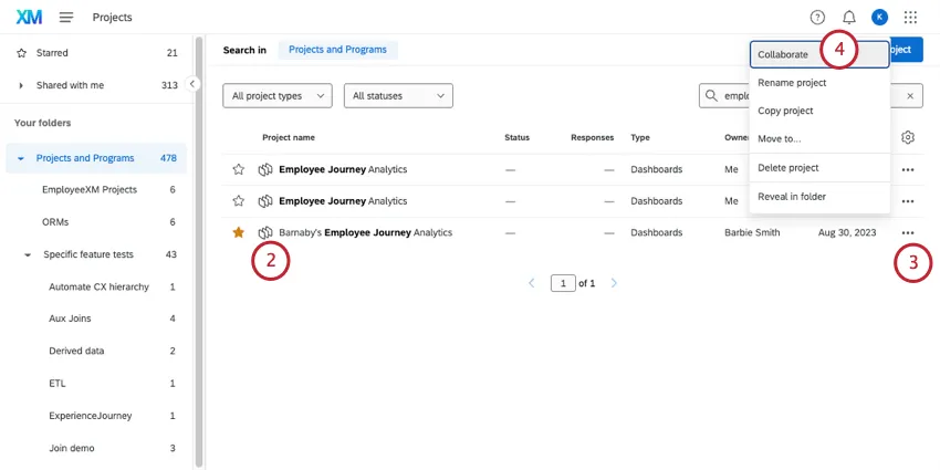 finding project and opening its actions menu