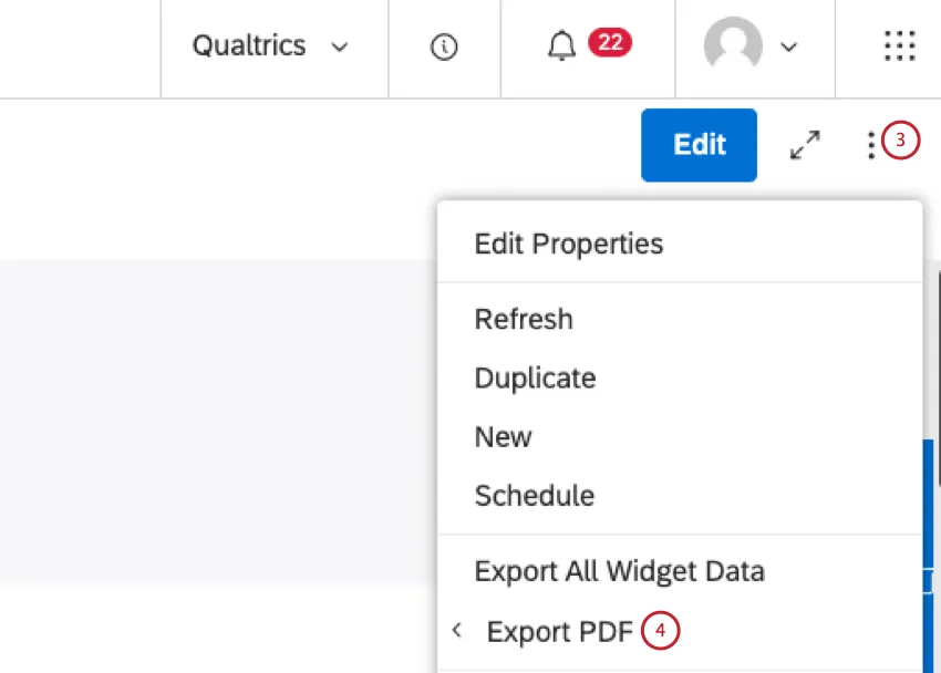 Como alternativa, quando um dashboard estiver aberto, expanda o menu de opções no cabeçalho dashboard. Selecione Exportar PDF.