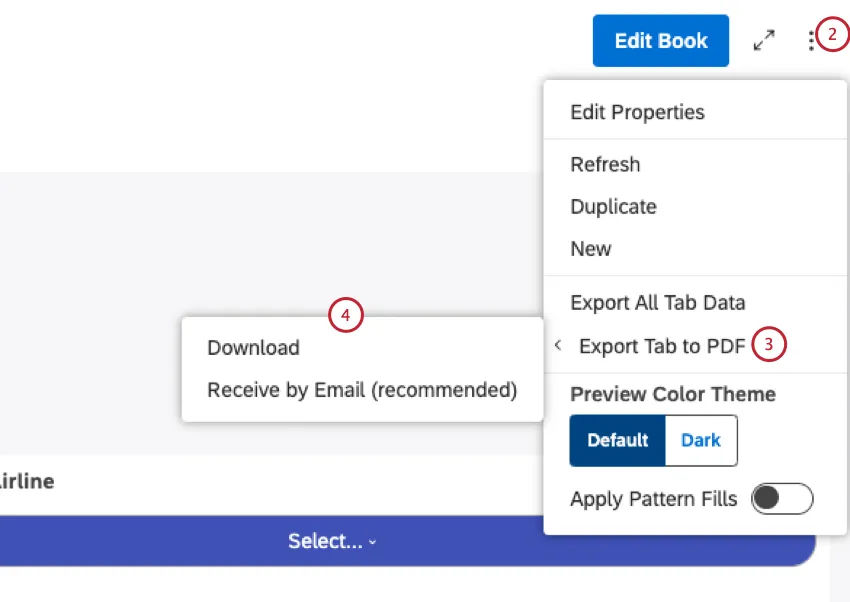 Klappen Sie das Optionsmenü im Buchkopf auf. Wählen Sie die Registerkarte Als PDF exportieren. Wählen Sie Ihre Lieferoption.