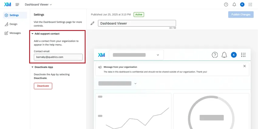 a dashboard viewer app is being edited. the settings tab is open. in that tab, add support contact is expanded, and a contact email is filled out