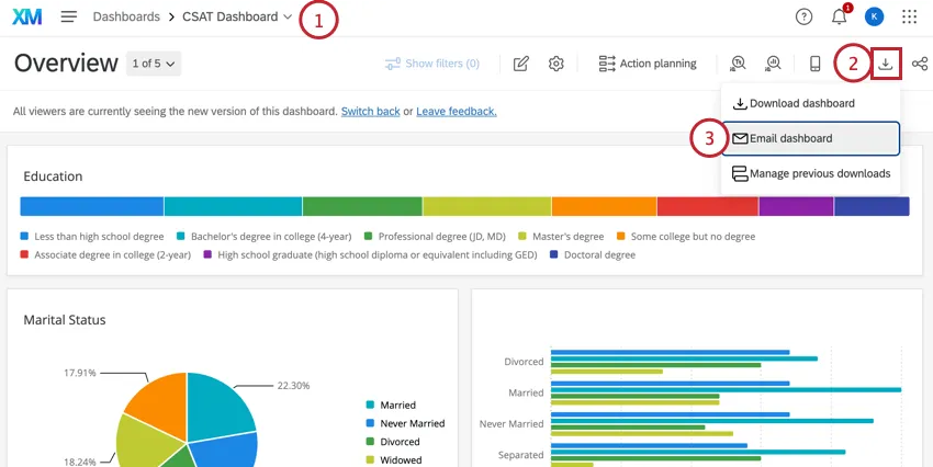 clicando no botão de download em um dashboard e depois no dashboard e-mail