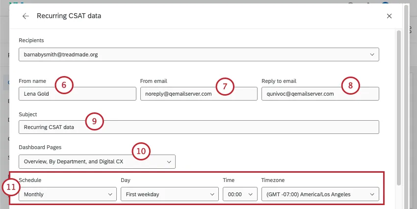 email settings like recipient, from name and email, subject, and schedule