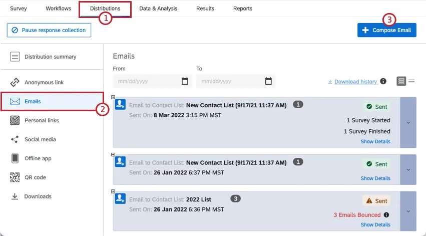 Compose email in the Email Distributions tab