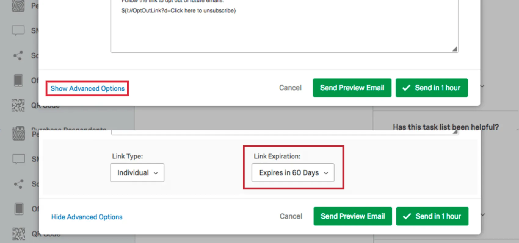 Link expiration dropdown in Advanced Options