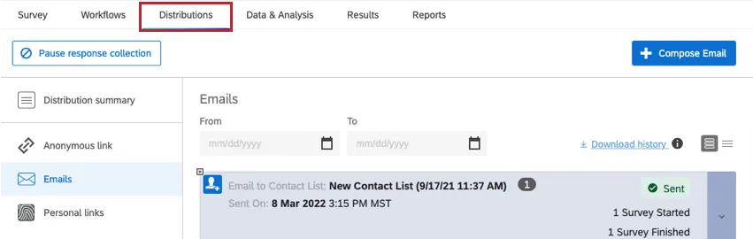 the distributions tab of a survey