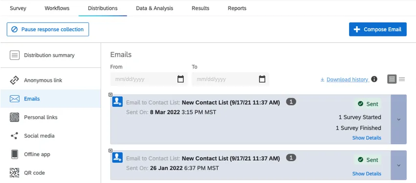 Emails page selected from the lefthand pane of of the Distributions tab