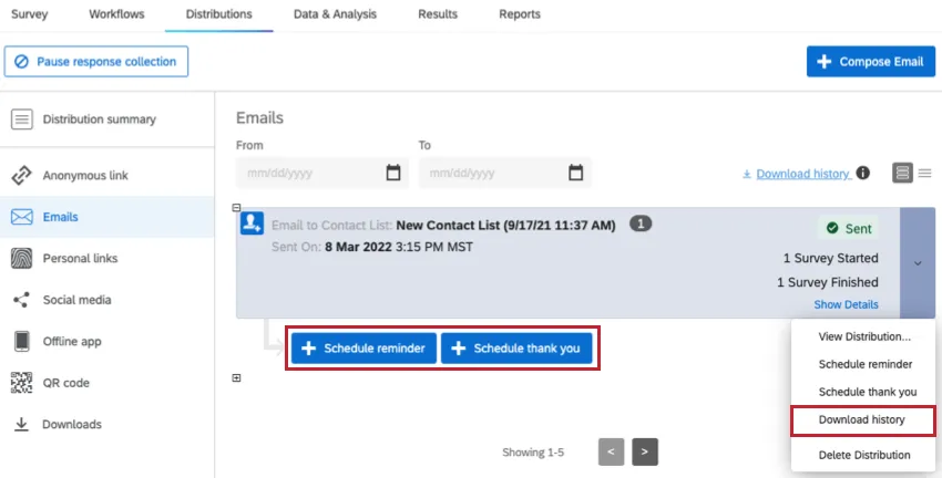 Die Option „Download-Verlauf“ befindet sich in der Dropdown-Liste rechts neben einer Verteilung