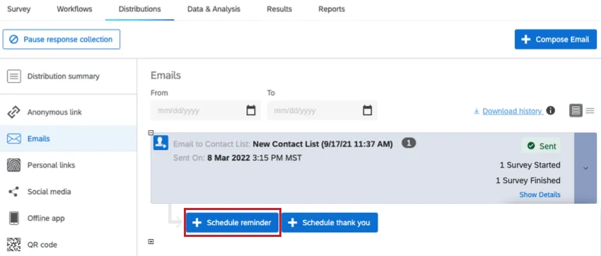 Schedule reminder button to the bottom-left beneath the distribution