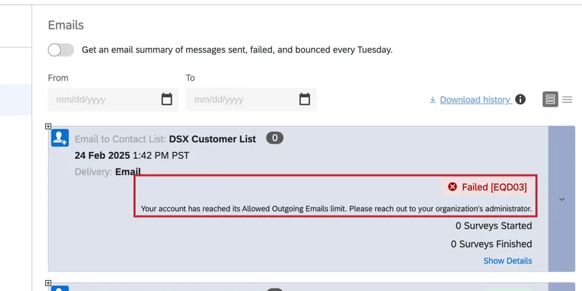 eine Verteilung per E-Mail, die mit dem Fehlercode EQD03 fehlgeschlagen ist