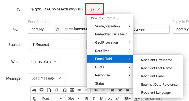 Piped Text menu for To Email field expanded