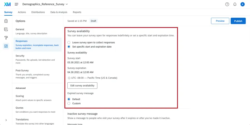Survey availability settings in the Survey Options