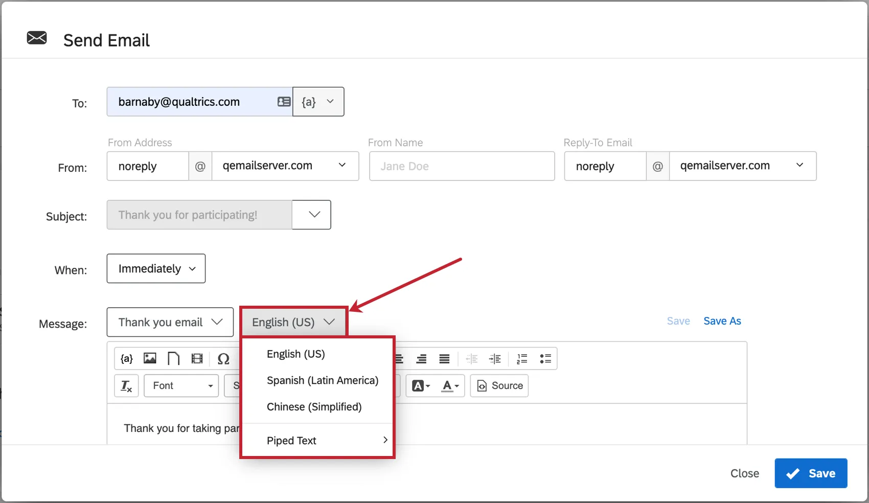 Dropdown next to message line expanded to show translation and piped text options