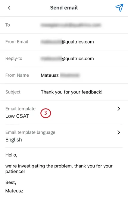 In unemail di follow-up sullapp Xm, il campo per il modello di email è sotto il soggetto del messaggio
