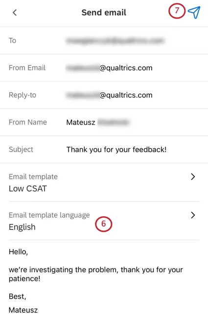 O idioma do modelo de e-mail aparece logo abaixo do campo de modelo de e-mail; o botão enviar está no canto superior direito da tela