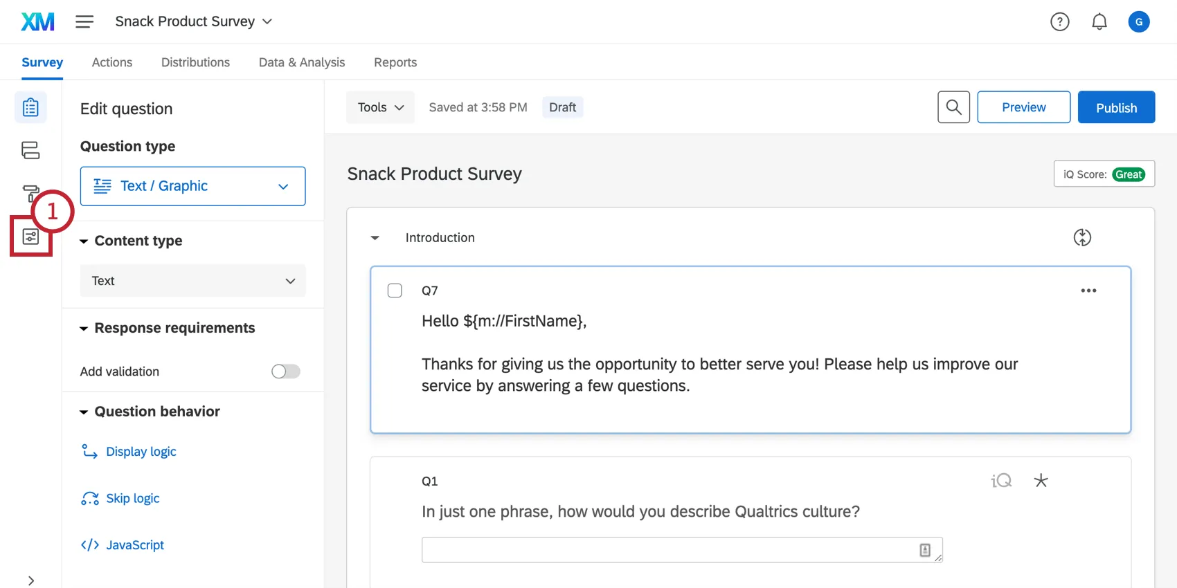 Navigating to the survey options from the survey editor page
