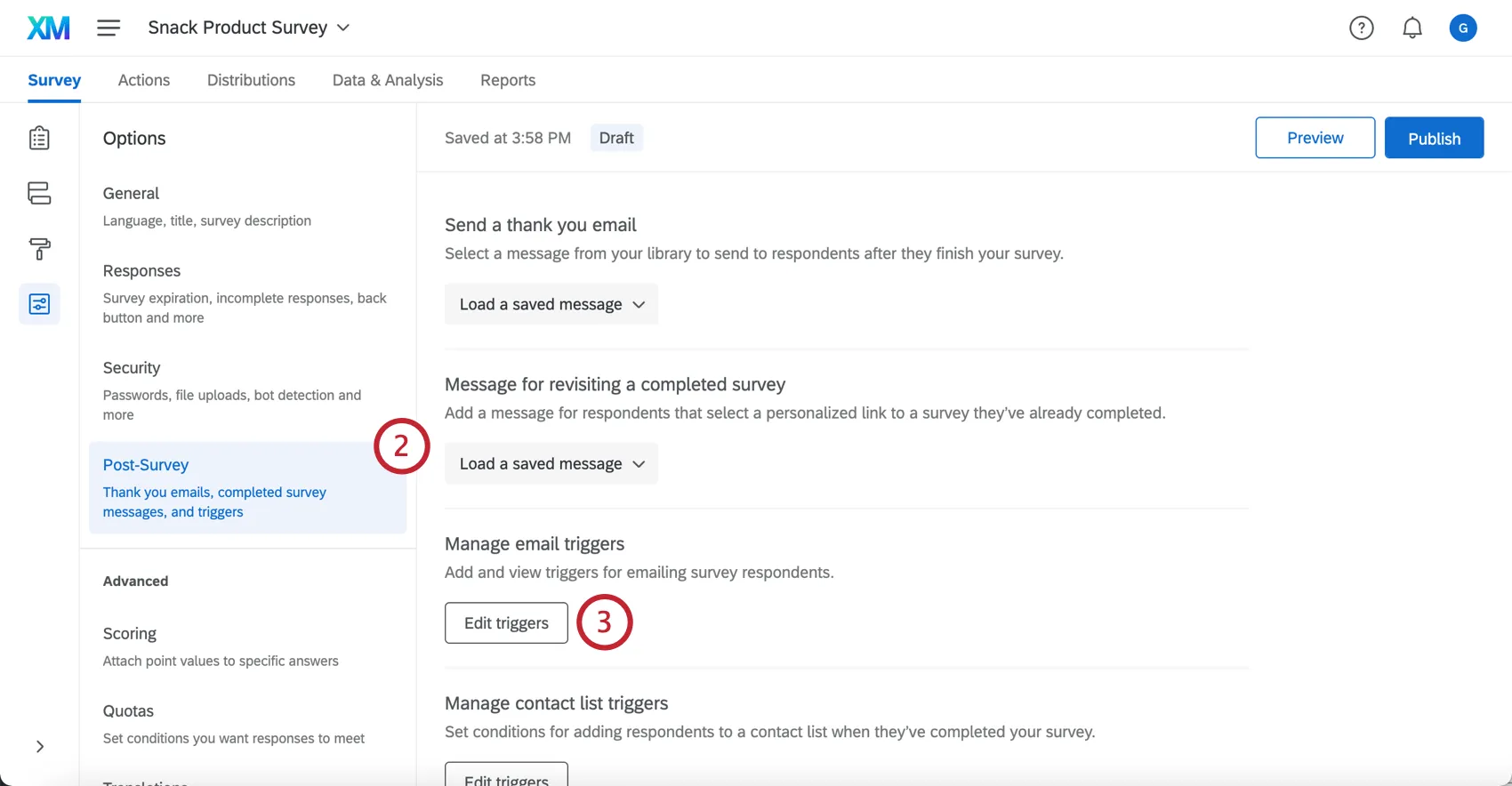 Navigating to the Post-survey section of the survey options to get to the Edit triggers menu