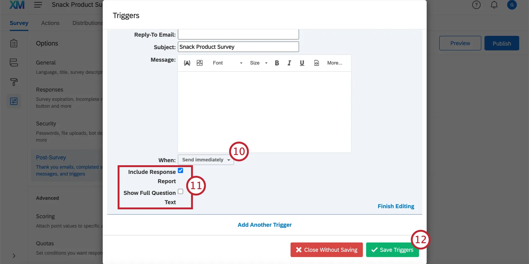Additional options at the bottom of the email trigger