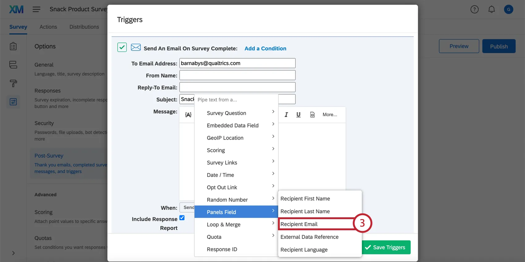 No menu de texto transportado, selecionando um e-mail em um campo de painéis