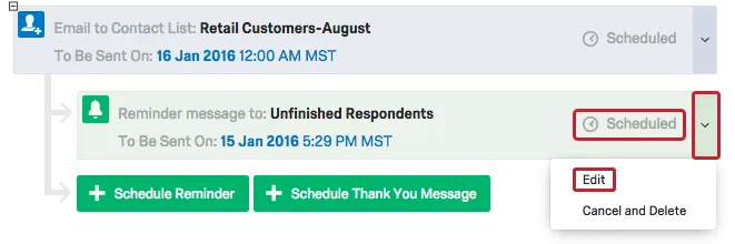 Opened dropdown on reminder distribution with Edit option indicated