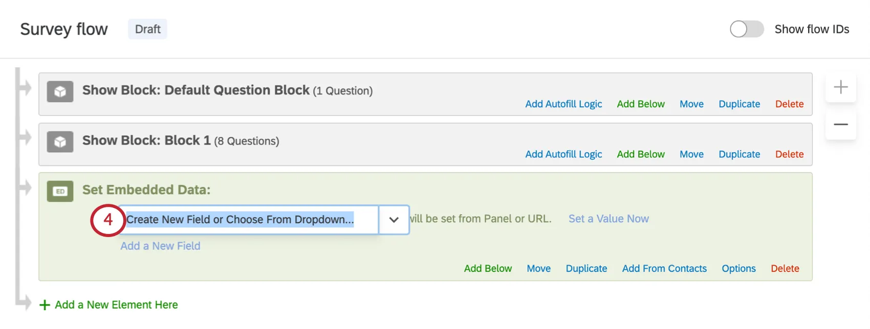 Clicking into the name field on the left of the green element