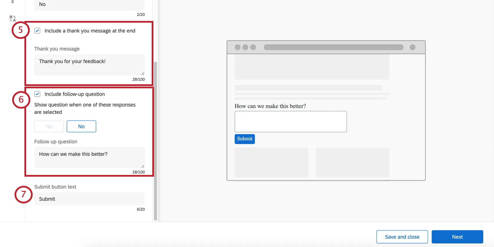 左側には、お礼、フォローアップの質問、送信ボタンのフィールドがあります。右は、フォローアップの質問と送信ボタンがライブでどのように表示されるかを示しています。