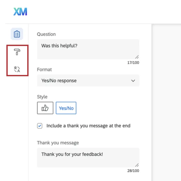 On left, three icons you can switch between while editing embedded feedback. Second and third are indicated