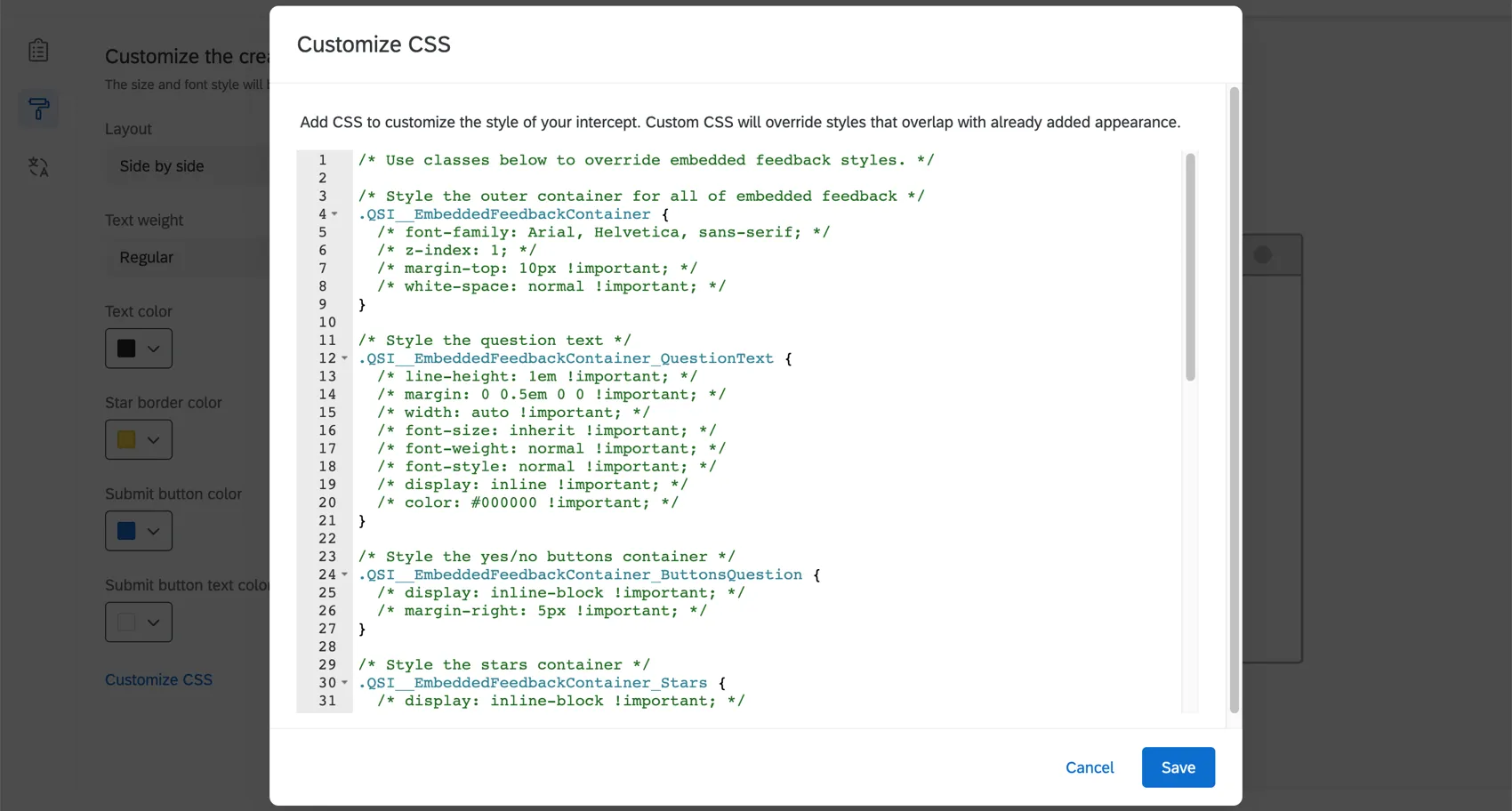 Cssのカスタマイズウィンドウが開きます。Cssの編集が終わったときのために、右下に保存ボタンがある。