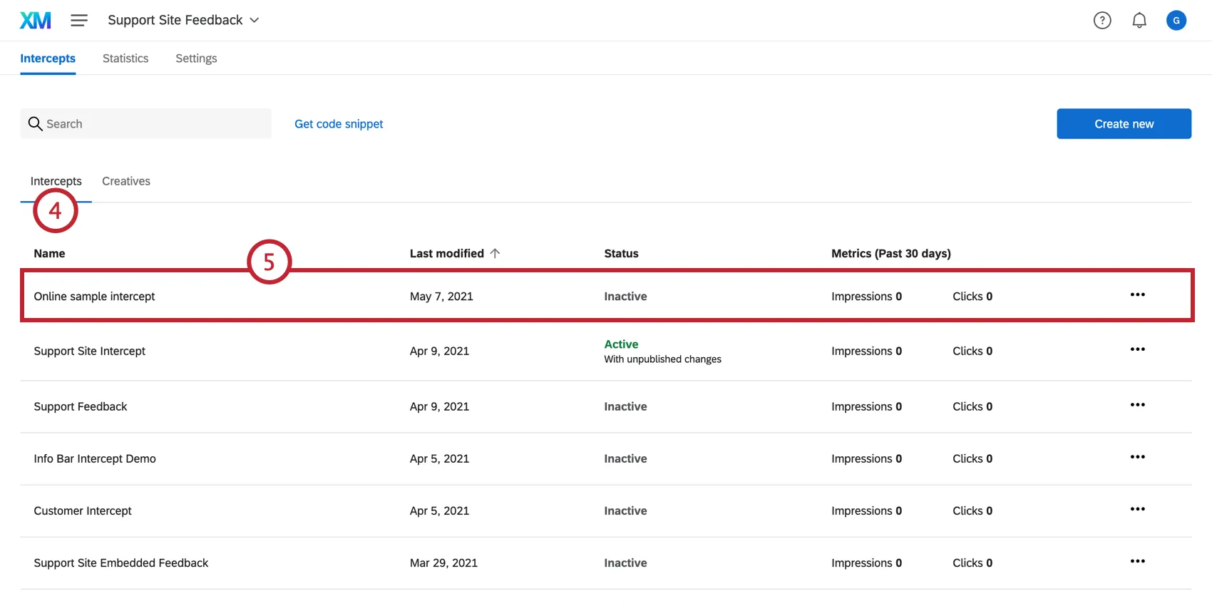 Sélection dun intercept dans longlet Intercepts