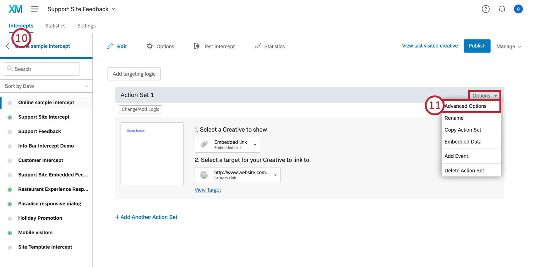 Auswählen der erweiterten Optionen in einem Intercept