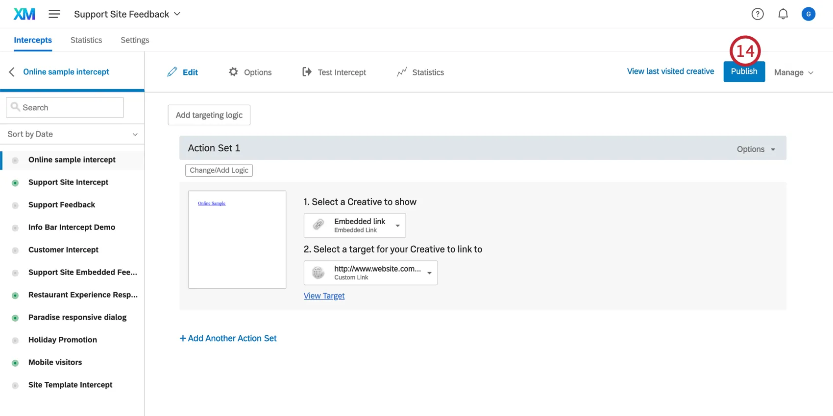 Publishing an intercept; publish button is indicated in the top-right