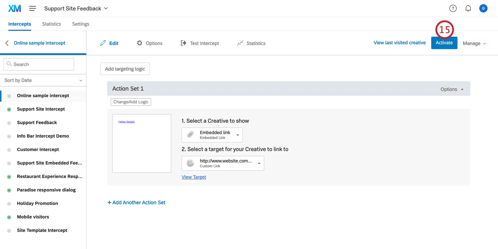 Ativação de uma interceptor; o botão de ativação está indicado no canto superior direito