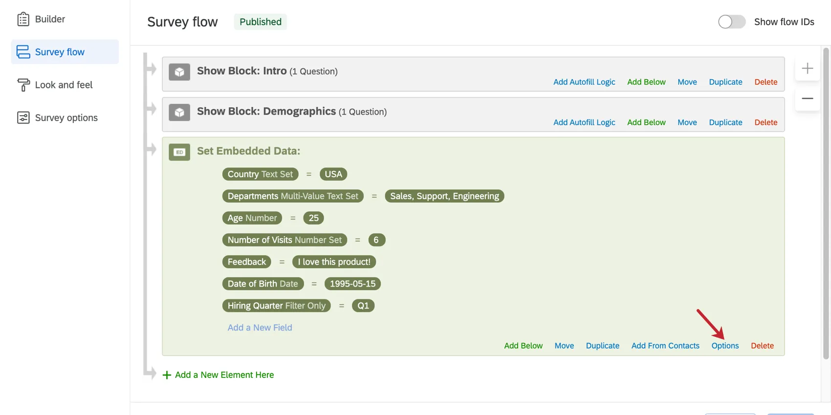 Options en bas à droite d’un élément de données intégrées