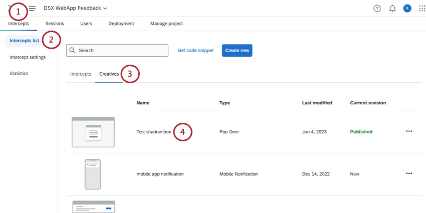 クリエイティブメニューからポップオーバーを開く